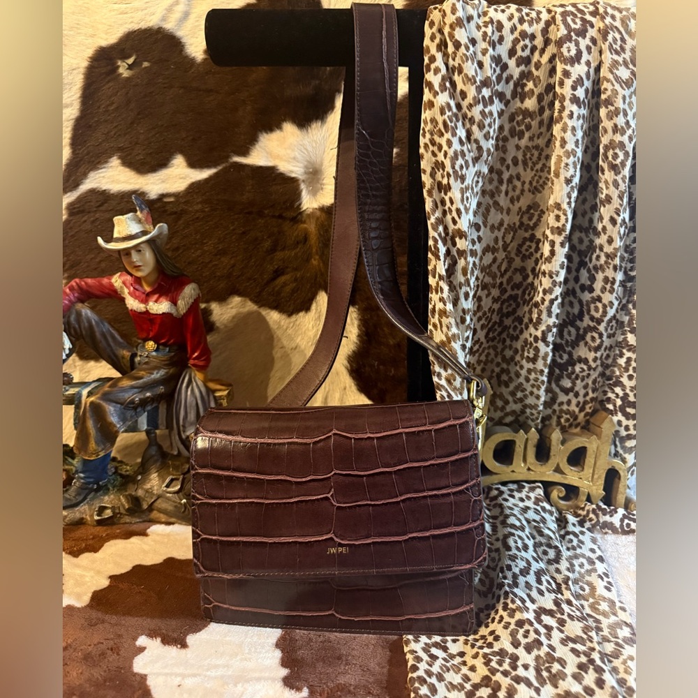JW PEI Dark Brown Croc-Embossed Crossbody Bag